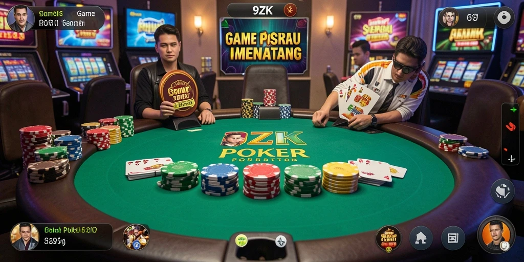 Screenshot dari gameplay 9ZK menampilkan suasana Poker yang mendebarkan.