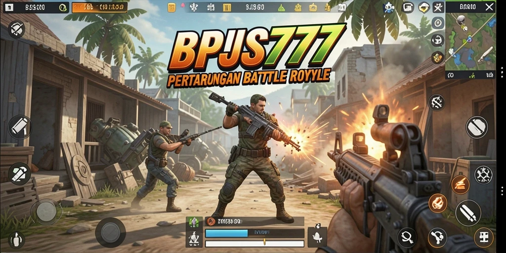Tampilkan aksi intens dalam gameplay BPJS777 Battle Royale.