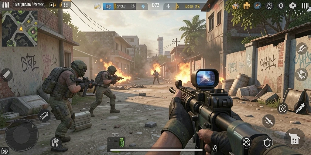 Screenshot gameplay D73 menampilkan pertempuran yang mendebarkan di medan perang.