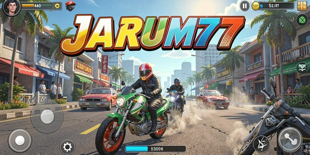 Tampilan gameplay JARUM77 dengan mobil balap di lintasan yang dinamis.