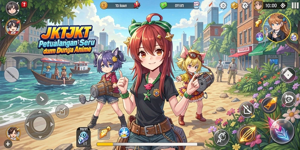 Screenshot gameplay JKTJKT menampilkan aksi karakter anime yang dinamis.