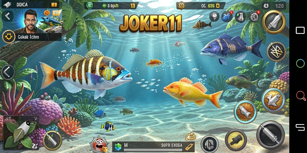 Gameplay JOKER11 menampilkan aksi seru menangkap ikan di lautan.