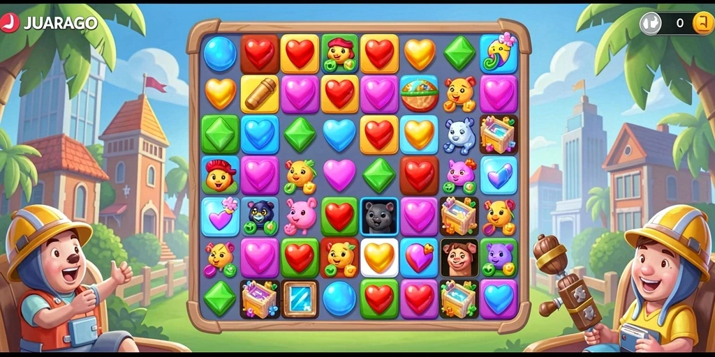 Screenshot utama JUARAGO menampilkan gameplay seru Match-3 dengan kombinasi warna-warni.