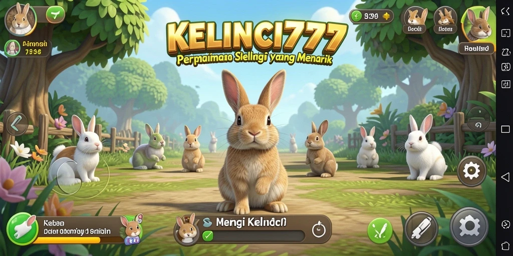 Tampilan gameplay <strong>KELINCI777</strong> dengan kelinci yang lucu dan lingkungan yang menyenangkan.