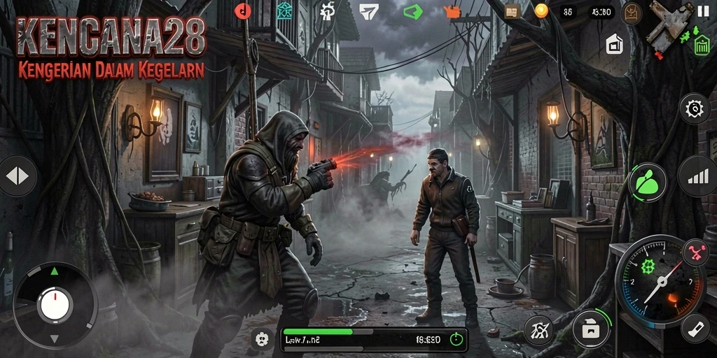 Screenshot gameplay KENCANA28 menampilkan suasana horor yang mencekam dan intens.