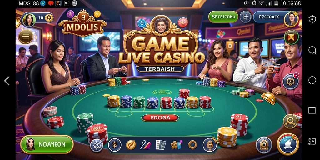 Screenshot utama MDG188 menampilkan dealer langsung dalam sesi permainan Live Casino.