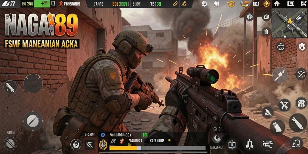 Screenshot gameplay menunjukkan aksi menembak yang intens dalam NAGA889.