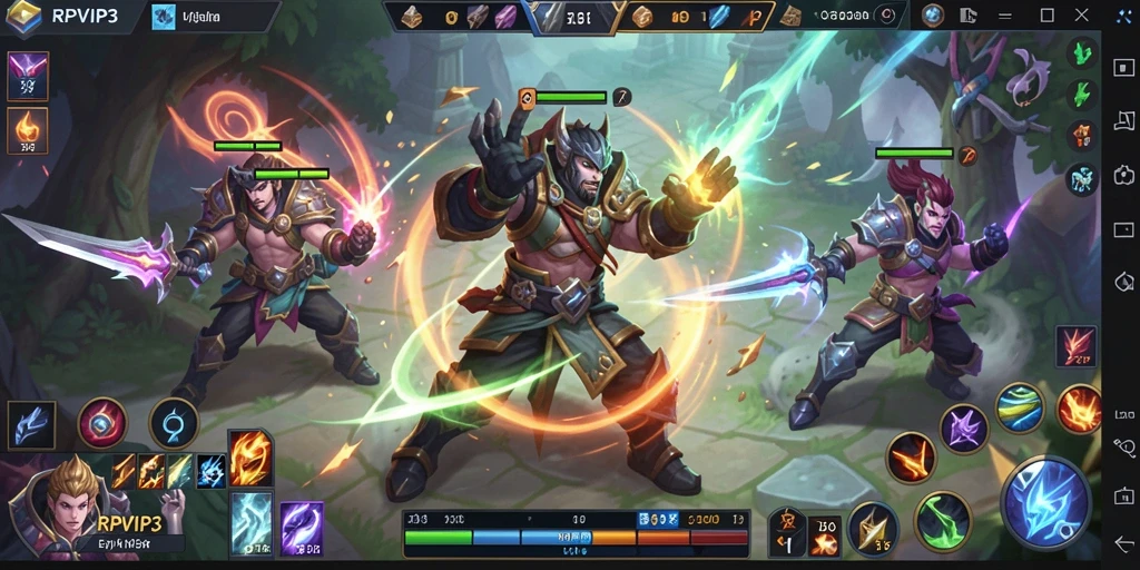 Screenshot gameplay RPVIP3 menunjukkan pertempuran tim yang dinamis dan strategis.