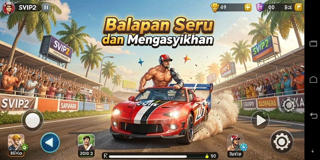 Gameplay menarik dengan mobil cepat dan trek menantang.