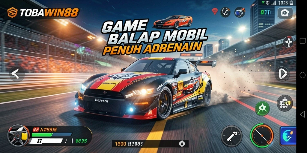 Tampilan gameplay TOBAWIN88 menampilkan mobil balap dalam aksi cepat.