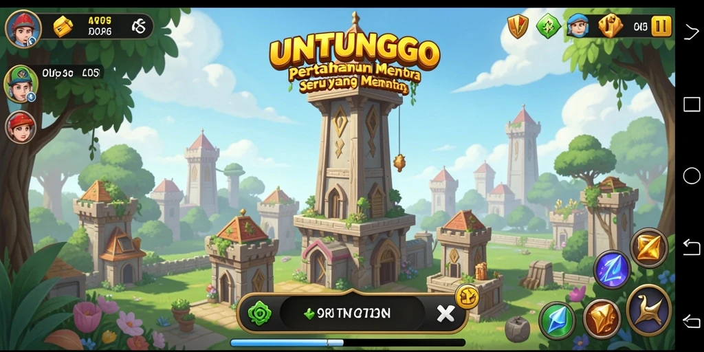Tampilan gameplay UNTUNGGO dengan menara pertahanan yang beragam.