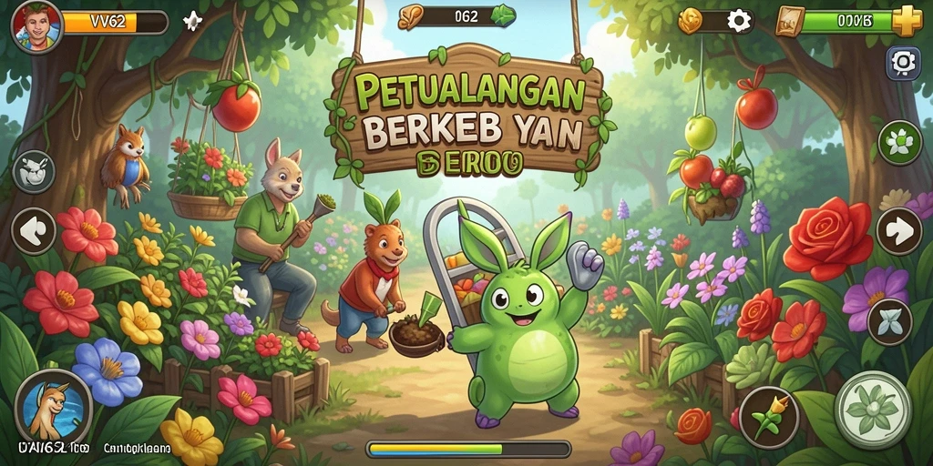 Screenshot gameplay VV62 menampilkan aktivitas berkebun yang seru dan interaksi sosial.